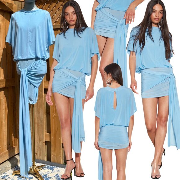 🆕 RAT & BOA 🧿 NWOT Freja Slinky Baby Blue Tie-Waist T-Shirt Mini Dress, Sz XS - Picture 1 of 16